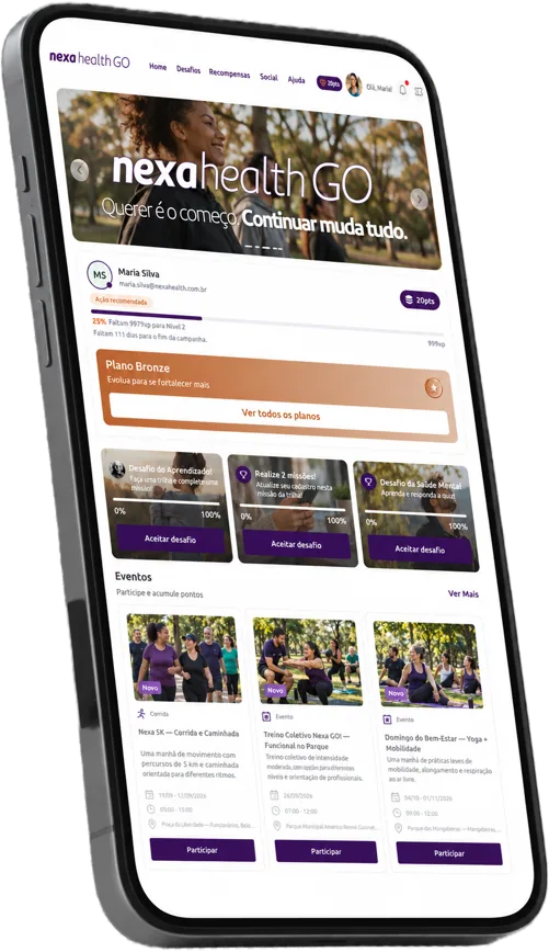 Mockup da plataforma Nexa Health GO exibida em um celular